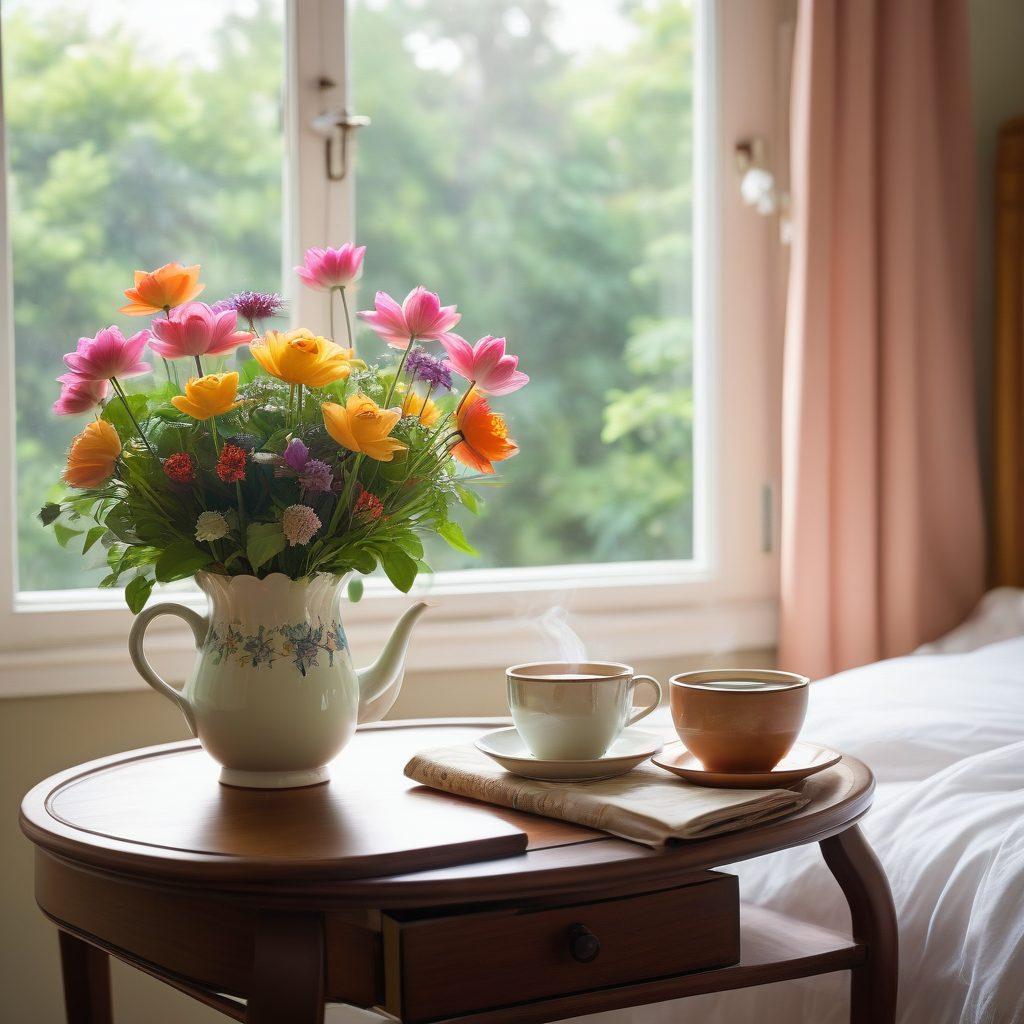 A serene room at Lotus Inn featuring a plush bed with fluffy pillows, soft lighting casting a warm glow, and fresh flowers on a bedside table. A window showcases a tranquil garden view outside, inviting relaxation. Include a steaming cup of herbal tea on a small table, symbolizing comfort and rejuvenation. super-realistic. vibrant colors.