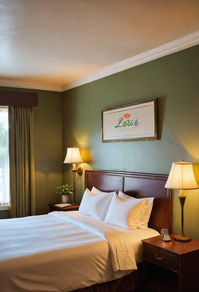 An inviting motel room with a cozy bed, soft linens, and warm lighting, showcasing a vintage sign that reads 'Lotus Inn.' Include a friendly front desk attendant greeting guests, with a serene lotus flower decoration and affordable price tags subtly displayed. A welcoming outdoor view of the motel with lush greenery in the background, creating a tranquil atmosphere. super-realistic. vibrant colors. warm tones.